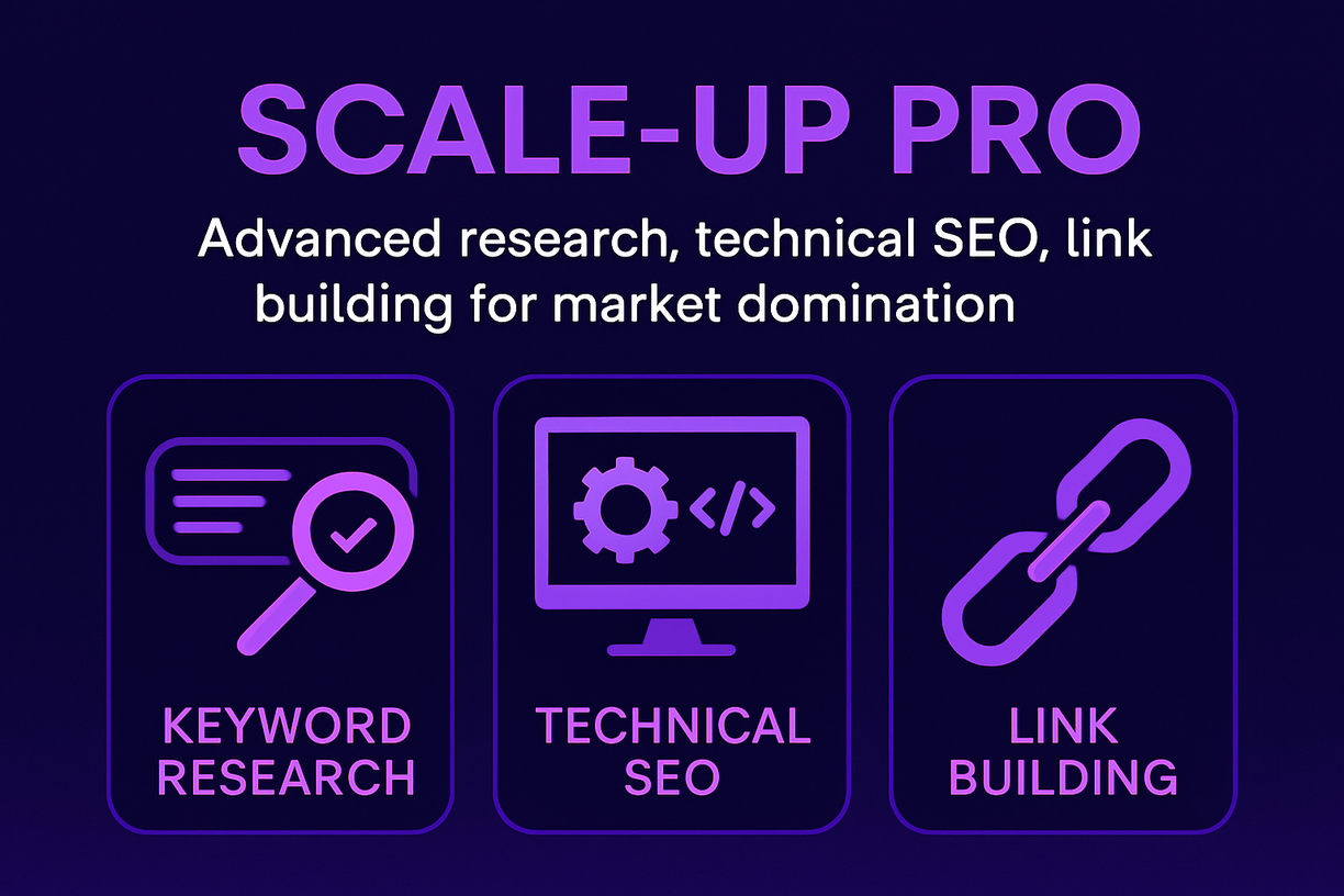 Scale-Up Pro SEO package: advanced keyword research, comprehensive technical SEO, and proactive link building for market domination.
